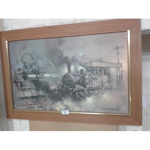 21 - Large 1970s Barrie a.f. Clarke, locomotive at High Halden Road station framed picture, approx. 900 x... 