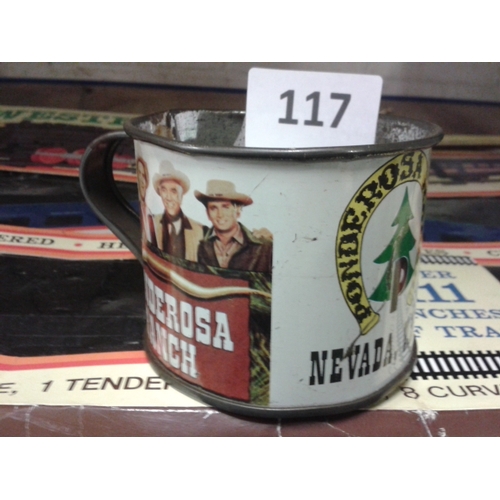 117 - Vintage Western Express battery powered train set and Ponderosa Ranch tin mug