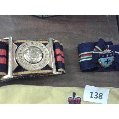 138 - Notre Dame High School badge on sash, royal logistic corps belt and civil defence corps welfare armb... 