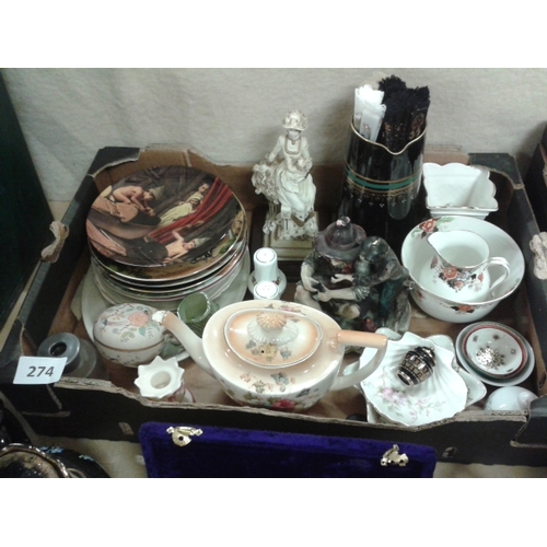 274 - Box of assorted vintage misc. to include jewellers scales, collectors plates, teapots etc.