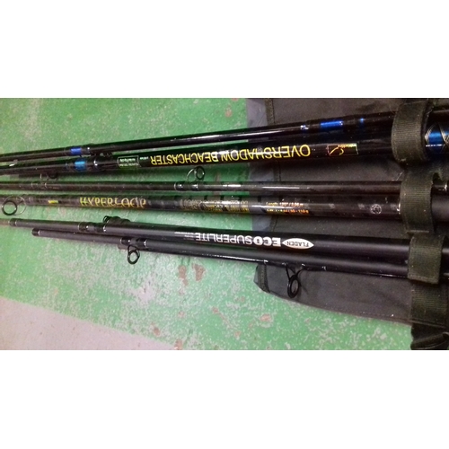 160 - 3 x used sea fishing rods being hyperloop light surf, overshadow beachcaster & fladen eco super ligh... 