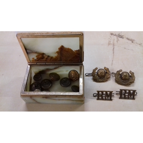 15 - Small box of assorted royal marines buttons, cap badges etc