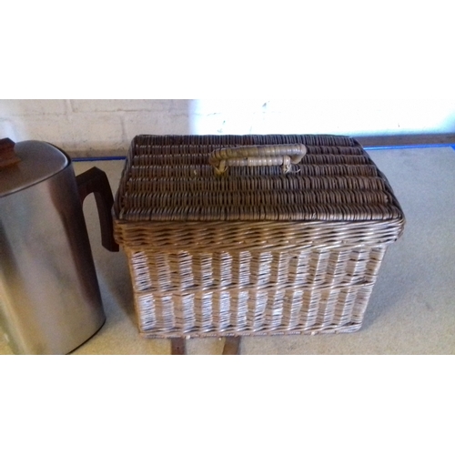 174 - Small wicker camping basket and contents & russell hobbs coffee jug