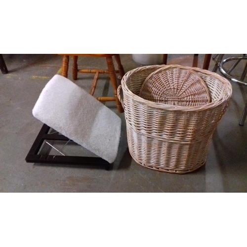 429 - wicker laundry basket and adjustable height footstool