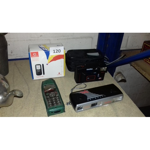 120 - Halina 160 camera with bag, supasnaps 35mm camera, vodafone GSM old mobile phone and boxed Vodafone ... 