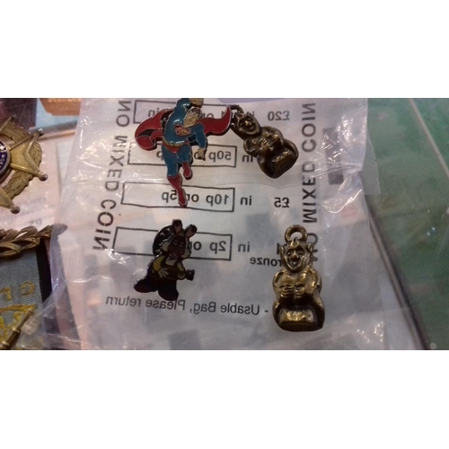 43 - 4 x retro pin badges, 2 x cornish pixie, superman & bryan from the magic roundabout