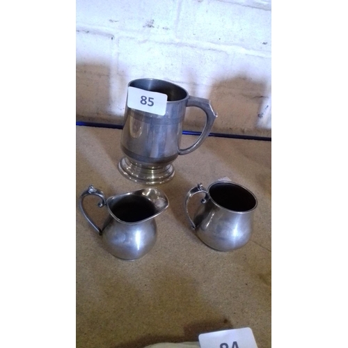 85 - Olde country pewter tankard & Victorian plated milk jug and cup