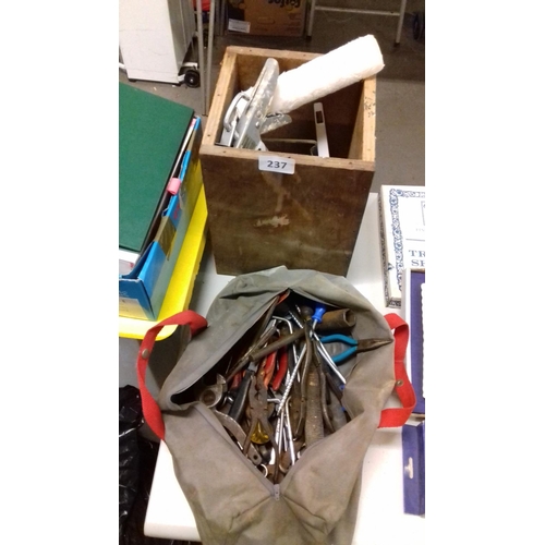 237 - Canvas bag and wooden box with assorted old hand tools etc.