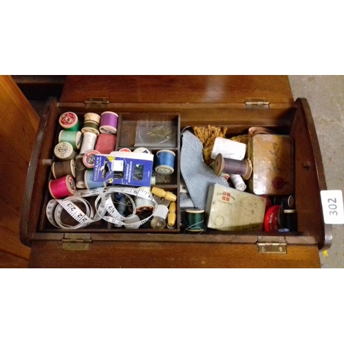 302 - Vintage wooden sewing box and contents