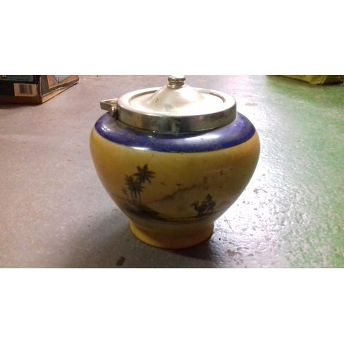 169 - Hand painted vintage biscuit barrel with plated lid