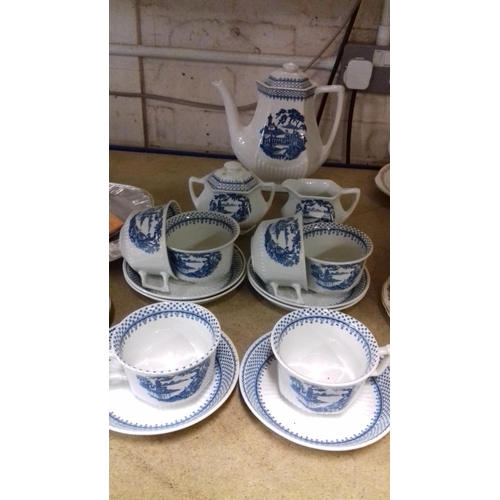 141 - Adams ironstone blue and white minuet coffee set , sugar bowl with repair