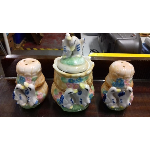 278 - Set of duck salt and pepper pots and matching mustard pot with lid