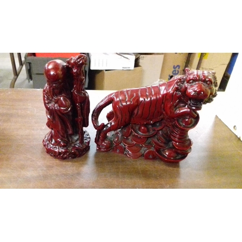 179 - Red resin tiger and buddha ornaments 12 cm tall