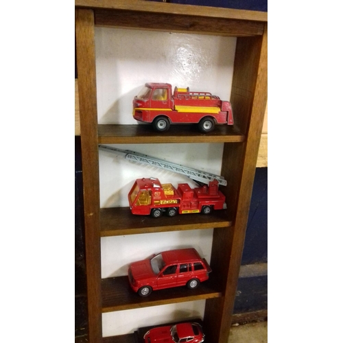 7 - 8 section wooden wall mount display stand for model cars etc with assorted matchbox and corgi vehicl... 