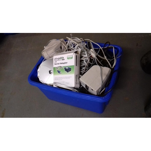 348 - Tub of assorted electrical leads, adapters etc