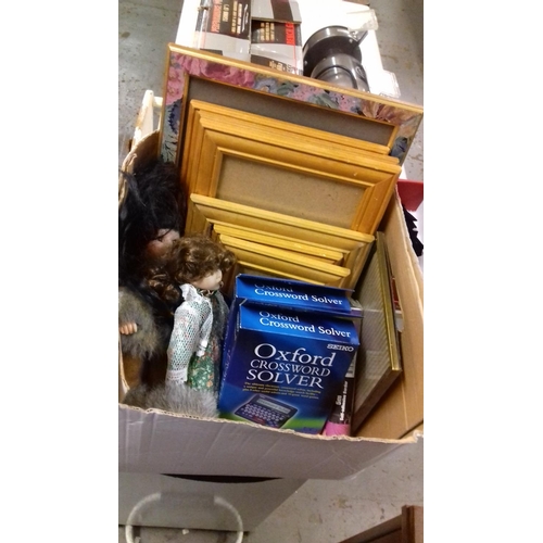 292 - Box of assorted miscellaneous inc' picture frames, dolls & 2 x new seiko crossword solvers