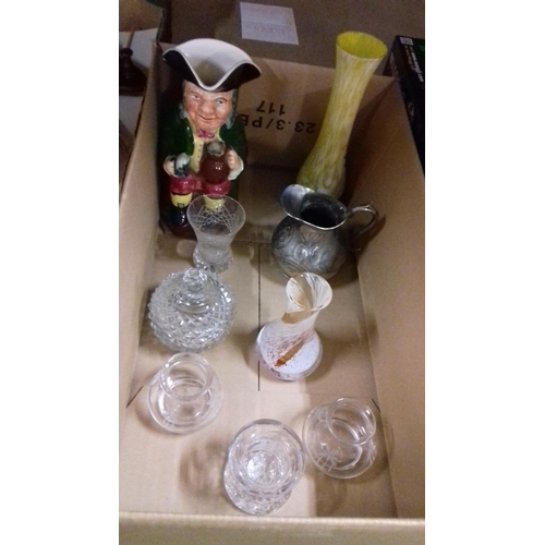 207 - Box of assorted glassware, musical toby jug with repair etc inc' caithness etc