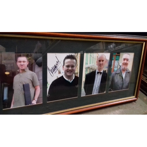 192 - Signed snooker player picture framed montage 88 x 26 cm