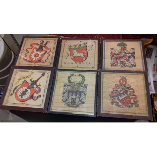 138 - Selection of 6 x framed german town coat of arms wall plaques 15 x 15 cm