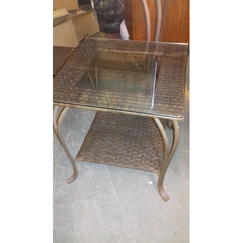 506 - 2 x matching heavy metal frame with wicker and glass top tables, 50 x 50 cm & 120 x 45 cm