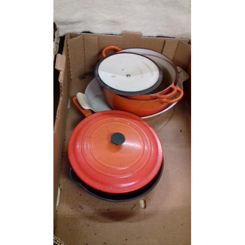 300 - Box of assorted la creuset cast pans etc