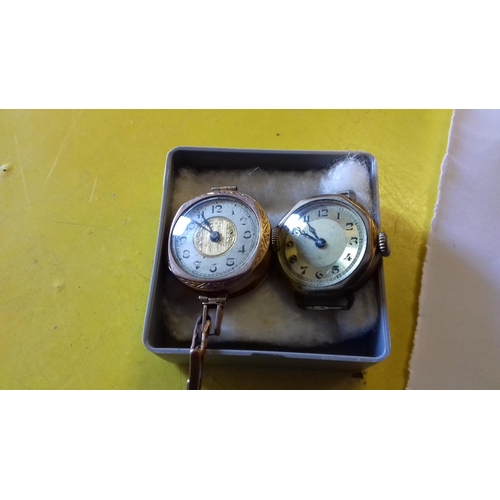 32 - Ladies 375 hallmarked gold watch with rolled gold strap, not working, and one other vintage ladies w... 