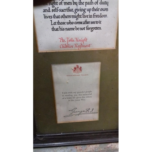 143 - framed and mounted ww1 lost in action letter for john knight of the cheshire regiment