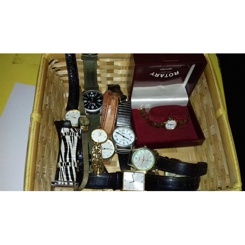 25 - Basket of assorted ladies and gents watches inc' boxed ladies rotary etc