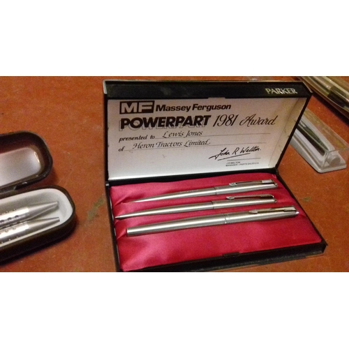 52 - Silver finish parker fountain pen, biro and pencil set in case, presented to lewis jones 1981 by mas... 