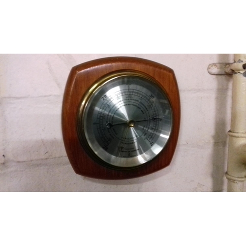 8 - Vintage compensated wall barometer mounted onto wooden base approx 17 x 17 cm