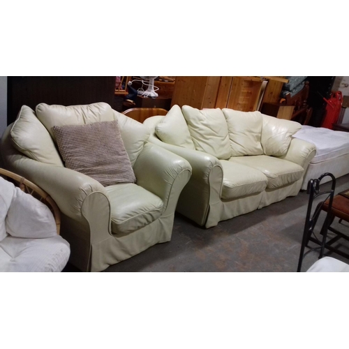 373 - Cream leather 3 seater couch and matching armchair