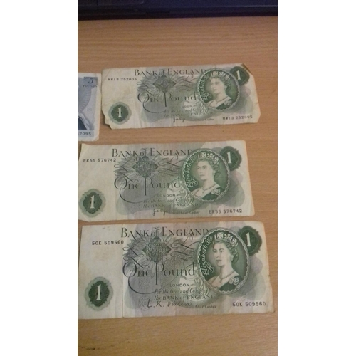 59 - Old uk £5 note, 3 x old uk £1 notes, 2 x more modern uk £1 notes and 3 x foreign currency notes