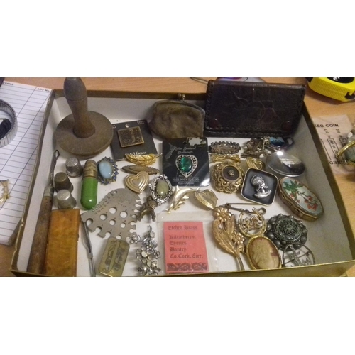 91 - Nice box of assorted vintage miscellaneous inc' watches, jewellery, pin badges, needlework related e... 