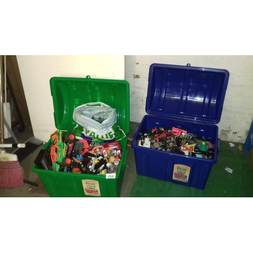 212 - 2 x hard plastic curver pirate chest toy boxes, one full of play worn toy cars and the other full of... 