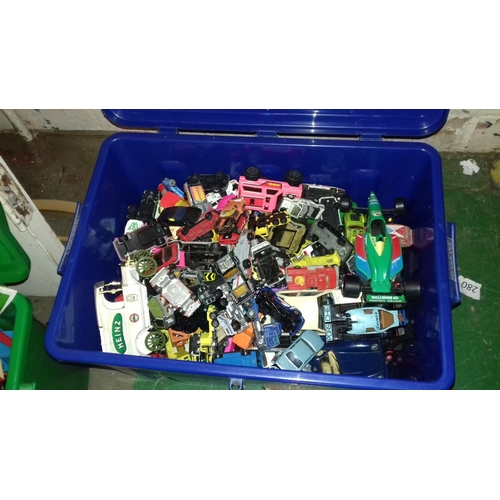 212 - 2 x hard plastic curver pirate chest toy boxes, one full of play worn toy cars and the other full of... 