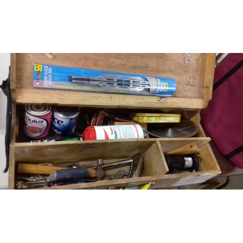 260 - Wooden carpenters tool box and contents, 83 x 39 cm