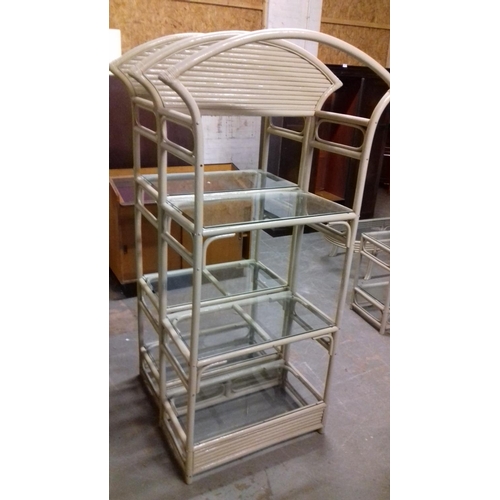 299 - Large (204 cm tall) cane 3 glass shelf display stand 107 x 46 cm