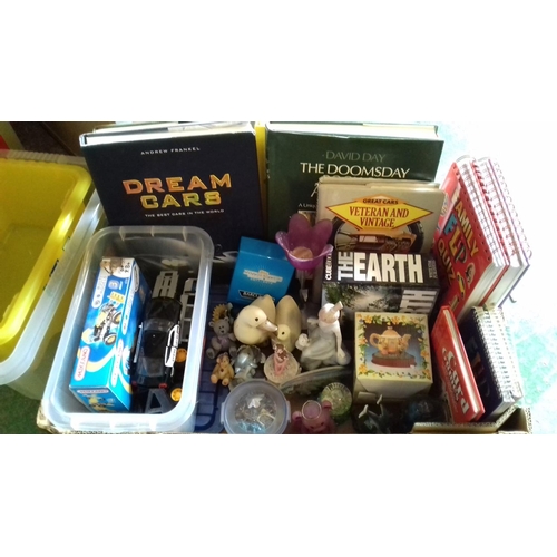 233 - Box of assorted books (quiz etc) trading cards, toy cars and ornaments etc