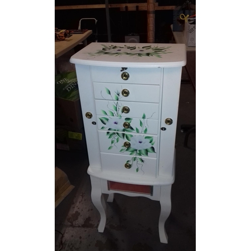 325 - Hand painted lockable jewellery cabinet on legs with key 41 x 30 x 97 cm tall