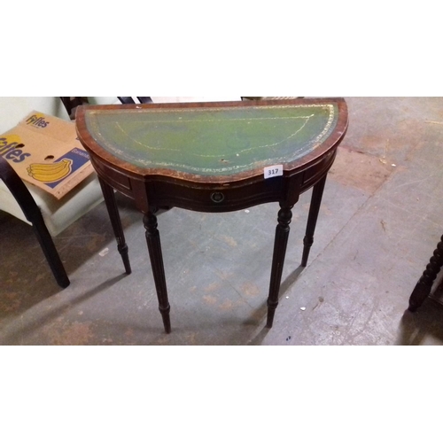 317 - Leather top scallop edge half moon hall table with drawer 83 x 41 x 76 cm tall in need of tlc