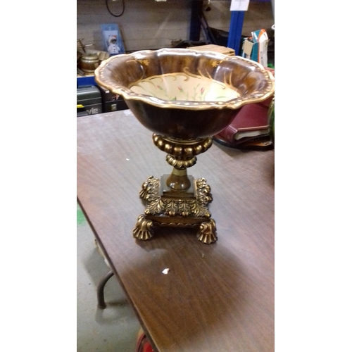 85 - Large tazza style hand painted fruit bowl on footed pedestal 31 cm tall x 28 cm diameter