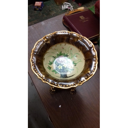 85 - Large tazza style hand painted fruit bowl on footed pedestal 31 cm tall x 28 cm diameter