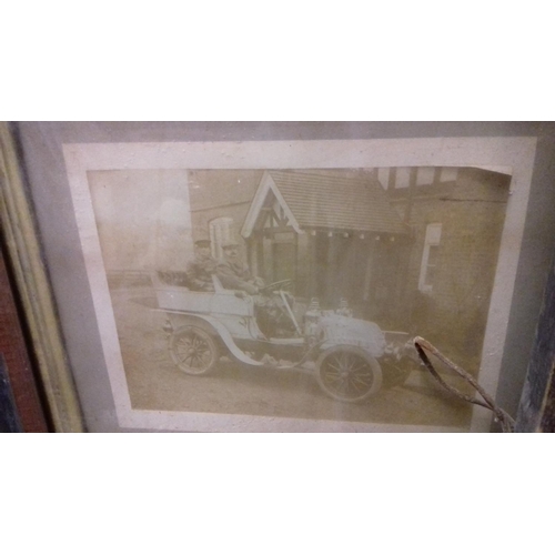 156 - 2 x framed and mounted faded sepia photographs being 41 x 36 2 men in car & 36 x 33 cm building site