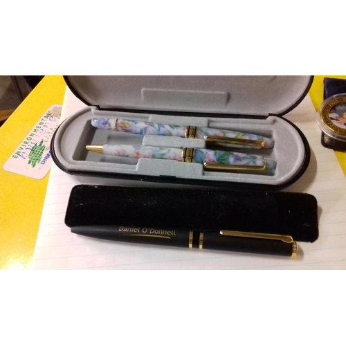 103 - Fountain and biro pen set in case and daniel o donnell fan club pen in pouch