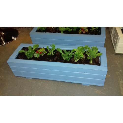 1 - Blue painted wooden trough planter with flowers 20 x 59 x 16 cm tall