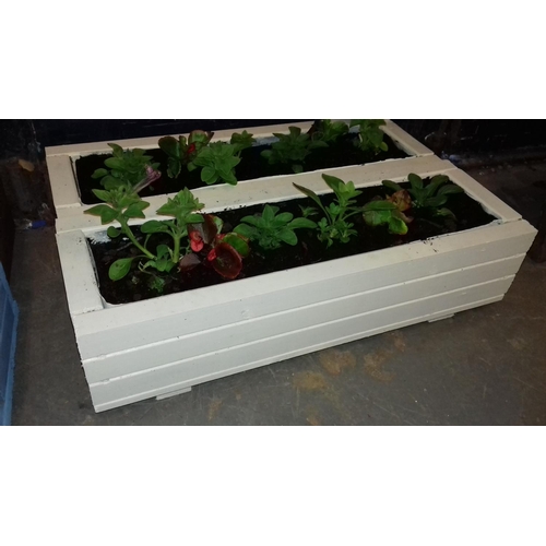 4 - Cream painted wooden trough planter with flowers 20 x 61 x 16 cm tall