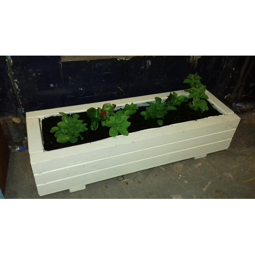 5 - Cream painted wooden trough planter with flowers 20 x 61 x 16 cm tall