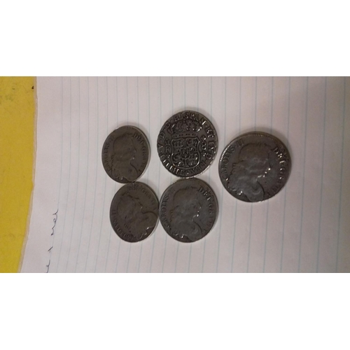 26 - 5 x old spanish coins 1 dated 1740