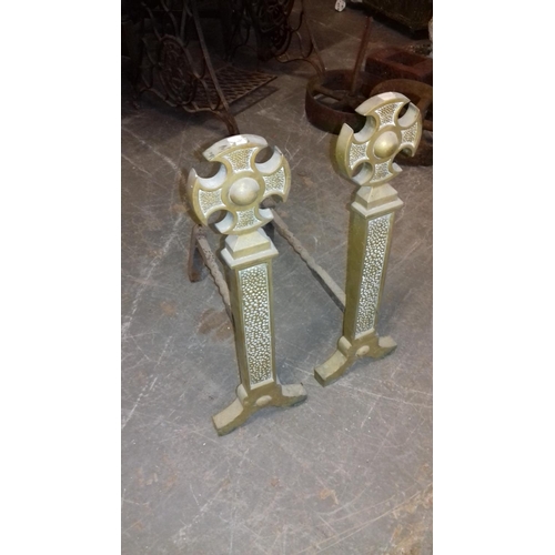 112 - Pair of gothic revival brass fireside dogs 55 cm tall