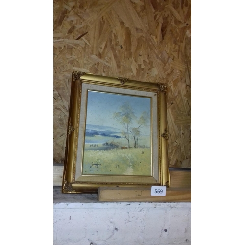 569 - 2 x small gilt framed 36 x 31 & 42 x 36 cm oil on board paintings, 1 signed roger brown and 1 signed... 